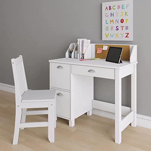 Wooden White Study Desk for Children with Chair, Bulletin Board and Drawers, Gift for Ages 5-14 Computer Desk Home School Student Study PC Writing Desks Table for Small Spaces Teen Work HYGRAD BUILT TO SURVIVE