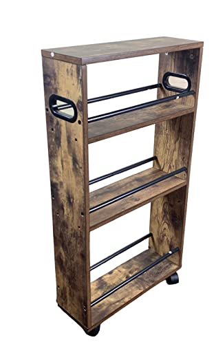4 Tier Slim Storage Cart with Handle, Slide Out Storage Rolling Utility Cart Mobile Shelving Unit Organizer Trolley for Small Spaces Kitchen Laundry Narrow Places. Industrial Wooden Portable Organiser HYGRAD BUILT TO SURVIVE