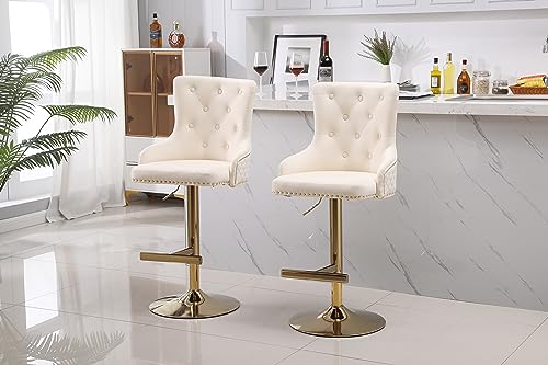 HYGRAD BUILT TO SURVIVE Velvet Upholstery 360 Degree Swivel Breakfast High Bar Home Kitchen Pub Stools Chair Seat With Gas Lift & Metal Base (2, Cream) HYGRAD BUILT TO SURVIVE