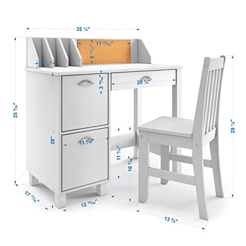 Wooden White Study Desk for Children with Chair, Bulletin Board and Drawers, Gift for Ages 5-14 Computer Desk Home School Student Study PC Writing Desks Table for Small Spaces Teen Work HYGRAD BUILT TO SURVIVE