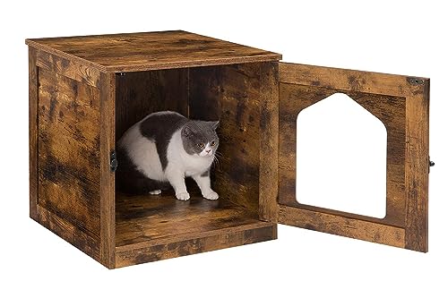 Cat Litter Box Enclosure, Wooden Kitty Hidden Washroom Toilet with Door and Holes, Industrial Indoor Cat Houses for Living Room Bedroom Hallway, Rustic Brown HYGRAD BUILT TO SURVIVE