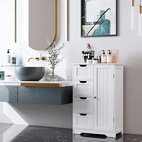 HYGRAD BUILT TO SURVIVE Bathroom Floor Cabinet Cupboard Free Standing Wooden Cabinet Storage Unit with 4 Drawers & 1 Door, Adjustable Shelf, White HYGRAD BUILT TO SURVIVE