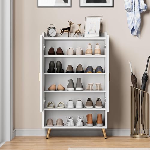 HYGRAD BUILT TO SURVIVE Modern Shoe Cabinet with 2 Doors, Open Shelf and Adjustable Shelves, Hallway Shoe Cupboard for 15 Pairs of Shoes, Entryway Storage Unit (White) HYGRAD BUILT TO SURVIVE