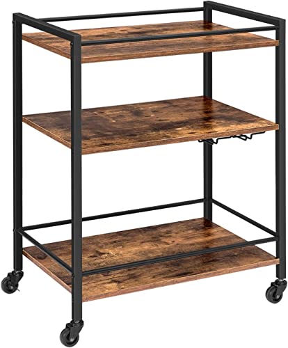 HYGRAD BUILT TO SURVIVE 3 Tier Rolling Industrial Design Rustic Look Wooden Kitchen Food Serving Cart Trolley With Wheels & Glass Hooks HYGRAD BUILT TO SURVIVE