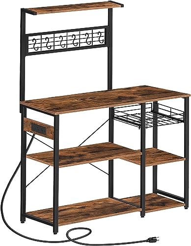 HYGRAD BUILT TO SURVIVE 4 Tier Industrial Look Wooden Multipurpose Kitchen Home Storage Rack Table Shelf With Hooks & Basket HYGRAD BUILT TO SURVIVE