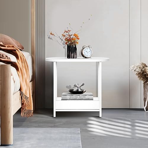 HYGRAD BUILT TO SURVIVE 2 Tier Narrow Wooden Bedside Sofa End Side Oval Top Table For Living Bed Room Furniture In White Colour HYGRAD BUILT TO SURVIVE