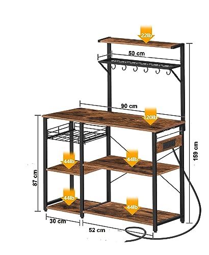 HYGRAD BUILT TO SURVIVE 4 Tier Industrial Look Wooden Multipurpose Kitchen Home Storage Rack Table Shelf With Hooks & Basket HYGRAD BUILT TO SURVIVE