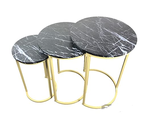 Set of 3 Round Vintage Wooden/Steel Nesting Side Coffee Tables Stacking Sofa Side, Space Saving Coffee Tea Table for Hallway Living Room Bedroom Office Black Marble Look Large, Medium & Small (White) HYGRAD BUILT TO SURVIVE