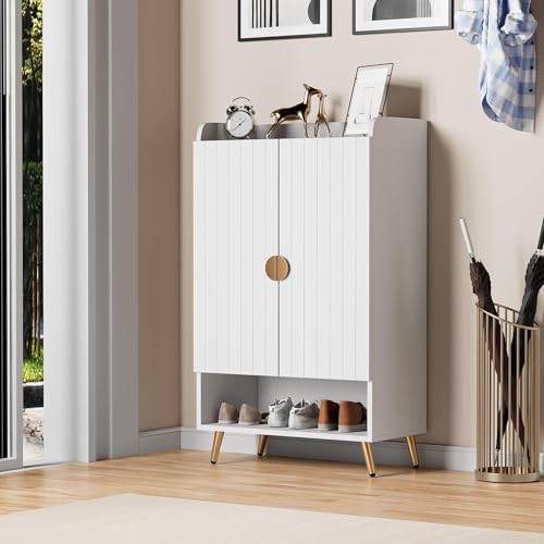 HYGRAD BUILT TO SURVIVE Modern Shoe Cabinet with 2 Doors, Open Shelf and Adjustable Shelves, Hallway Shoe Cupboard for 15 Pairs of Shoes, Entryway Storage Unit (White) HYGRAD BUILT TO SURVIVE