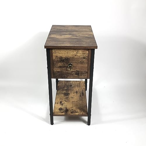 HYGRAD BUILT TO SURVIVE Industrial Look 2 Tier Wooden End Table Night Stand Drawer Cabinet Narrow, Slim Bedside Table for Small Spaces, Flip Top with Storage Shelf, Lamp Table for Sofa, Rustic Brown HYGRAD BUILT TO SURVIVE