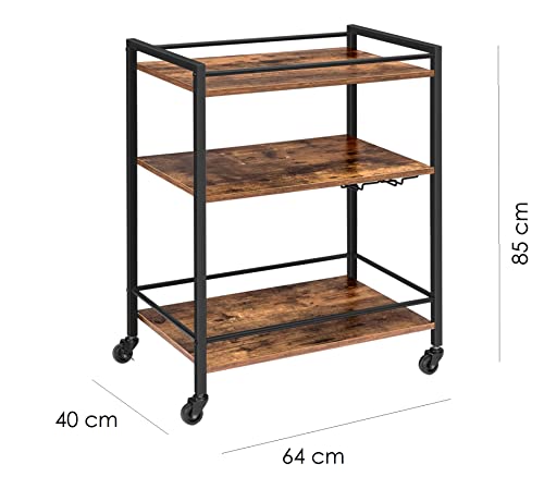 HYGRAD BUILT TO SURVIVE 3 Tier Rolling Industrial Design Rustic Look Wooden Kitchen Food Serving Cart Trolley With Wheels & Glass Hooks HYGRAD BUILT TO SURVIVE