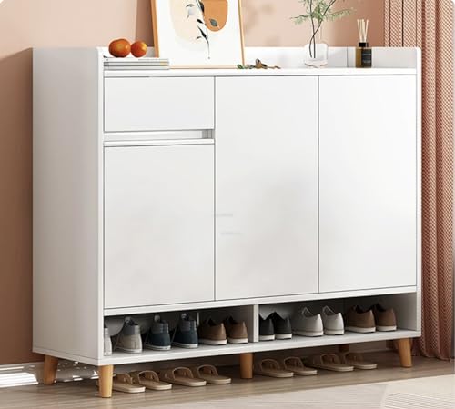 HYGRAD BUILT TO SURVIVE Wooden Shoe Cabinet with 3 Doors 5-Tier Shoe Storage Organiser with 1 Drawer and 1 Cabinet Shoe Cupboard for Hallway, White, 90cm Wide (Full White) HYGRAD BUILT TO SURVIVE