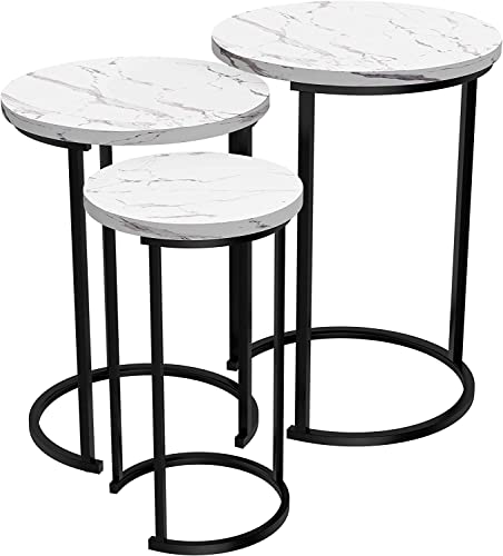 Set of 3 Round Vintage Wooden/Steel Nesting Side Coffee Tables Stacking Sofa Side, Space Saving Coffee Tea Table for Hallway Living Room Bedroom Office Black Marble Look Large, Medium & Small (Black) HYGRAD BUILT TO SURVIVE