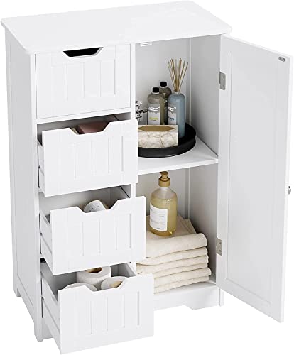 HYGRAD BUILT TO SURVIVE Bathroom Floor Cabinet Cupboard Free Standing Wooden Cabinet Storage Unit with 4 Drawers & 1 Door, Adjustable Shelf, White HYGRAD BUILT TO SURVIVE