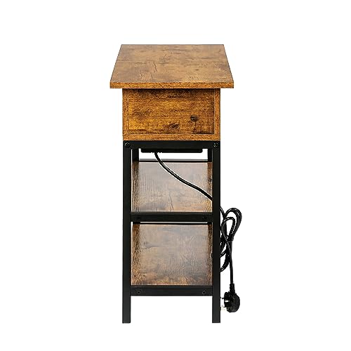 HYGRAD BUILT TO SURVIVE 3 Tier Industrial Look Wooden Metal Flip Top Rolling Wheels Portable End Side Table With UK Charging Station & USB Ports HYGRAD BUILT TO SURVIVE