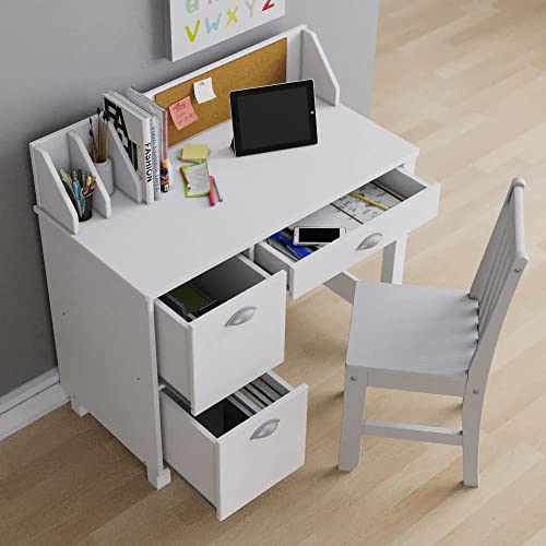 Wooden White Study Desk for Children with Chair, Bulletin Board and Drawers, Gift for Ages 5-14 Computer Desk Home School Student Study PC Writing Desks Table for Small Spaces Teen Work HYGRAD BUILT TO SURVIVE