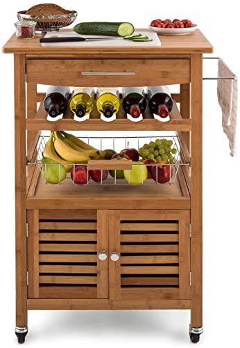 HYGRAD BUILT TO SURVIVE Bamboo Wood Rolling Kitchen Cart Trolley Dining Island Drawer Wine Rack Cabinet Storage Organiser Louisiana Kitchen Trolley Serving Rolling Cart with Numerous Storage Options HYGRAD BUILT TO SURVIVE