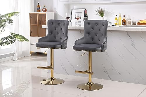 HYGRAD BUILT TO SURVIVE Velvet Upholstery 360 Degree Swivel Breakfast High Bar Home Kitchen Pub Stools Chair Seat With Gas Lift & Metal Base (2, Grey) HYGRAD BUILT TO SURVIVE