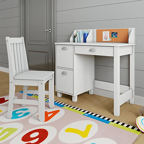 Wooden White Study Desk for Children with Chair, Bulletin Board and Drawers, Gift for Ages 5-14 Computer Desk Home School Student Study PC Writing Desks Table for Small Spaces Teen Work HYGRAD BUILT TO SURVIVE