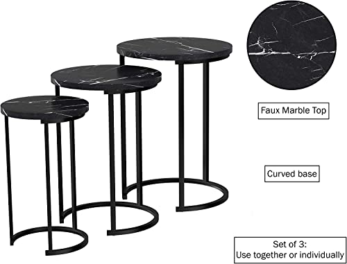Set of 3 Round Vintage Wooden/Steel Nesting Side Coffee Tables Stacking Sofa Side, Space Saving Coffee Tea Table for Hallway Living Room Bedroom Office Black Marble Look Large, Medium & Small (Black) HYGRAD BUILT TO SURVIVE