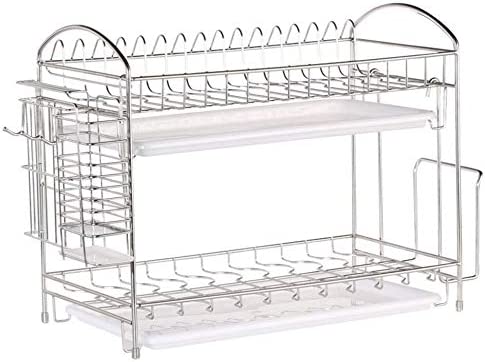 Stainless Steel Twin Drip Tray Dish Kitchen Rack Drainer Holder Rust Free Storage for Cutlery Chopping Board Cups Plates Spoons Generic