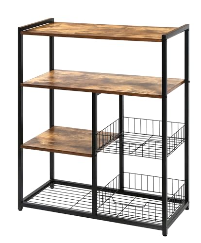 HYGRAD BUILT TO SURVIVE 4 Tier Wooden/Metal Industrial Look Rustic Kitchen Bakers Rack Microwave Shelf Organiser With Mesh Baskets HYGRAD BUILT TO SURVIVE