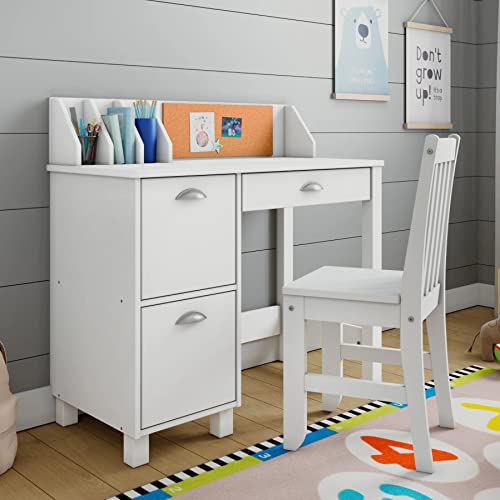 Wooden White Study Desk for Children with Chair, Bulletin Board and Drawers, Gift for Ages 5-14 Computer Desk Home School Student Study PC Writing Desks Table for Small Spaces Teen Work HYGRAD BUILT TO SURVIVE