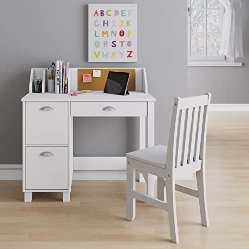 Wooden White Study Desk for Children with Chair, Bulletin Board and Drawers, Gift for Ages 5-14 Computer Desk Home School Student Study PC Writing Desks Table for Small Spaces Teen Work HYGRAD BUILT TO SURVIVE