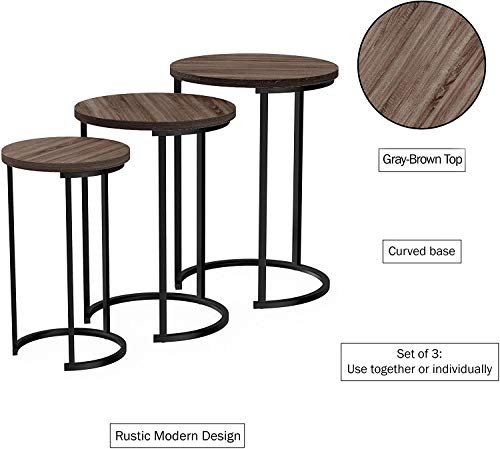 Set of 3 Round Vintage Wooden/Steel Nesting Side Coffee Tables Stacking Sofa Side Tables, Space Saving Coffee Tea Table for Hallway Living Room Bedroom Office Rustic Brown+Black, Round HYGRAD BUILT TO SURVIVE