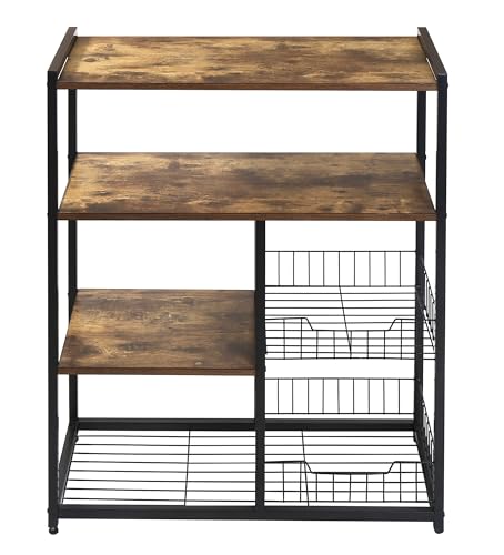 HYGRAD BUILT TO SURVIVE 4 Tier Wooden/Metal Industrial Look Rustic Kitchen Bakers Rack Microwave Shelf Organiser With Mesh Baskets HYGRAD BUILT TO SURVIVE