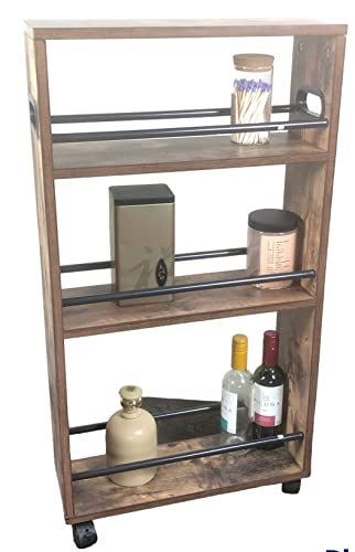 4 Tier Slim Storage Cart with Handle, Slide Out Storage Rolling Utility Cart Mobile Shelving Unit Organizer Trolley for Small Spaces Kitchen Laundry Narrow Places. Industrial Wooden Portable Organiser HYGRAD BUILT TO SURVIVE