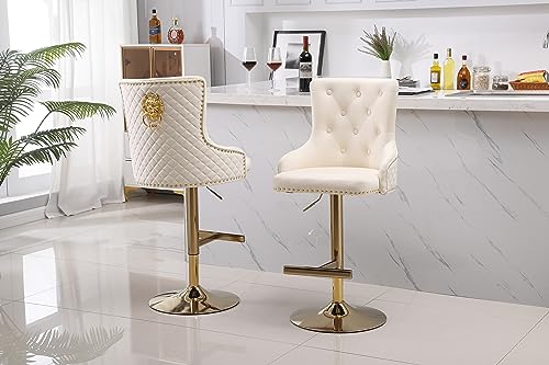 HYGRAD BUILT TO SURVIVE Velvet Upholstery 360 Degree Swivel Breakfast High Bar Home Kitchen Pub Stools Chair Seat With Gas Lift & Metal Base (2, Cream) HYGRAD BUILT TO SURVIVE