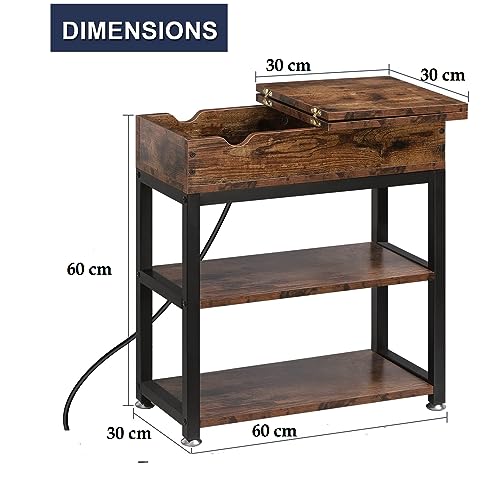 HYGRAD BUILT TO SURVIVE 3 Tier Industrial Look Wooden Metal Flip Top Rolling Wheels Portable End Side Table With UK Charging Station & USB Ports HYGRAD BUILT TO SURVIVE