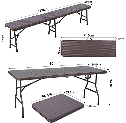 Rattan Look Foldable Garden Outdoor Picnic Camping Bench Folding Camping Seat Handle 183x30x43cm Party Furniture Portable Picnic Garden Outdoor BBQ Plastic (1 x Bench) HYGRAD BUILT TO SURVIVE
