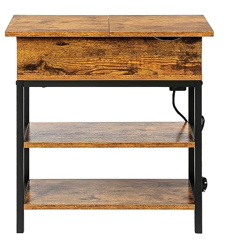 HYGRAD BUILT TO SURVIVE 3 Tier Industrial Look Wooden Metal Flip Top Rolling Wheels Portable End Side Table With UK Charging Station & USB Ports HYGRAD BUILT TO SURVIVE