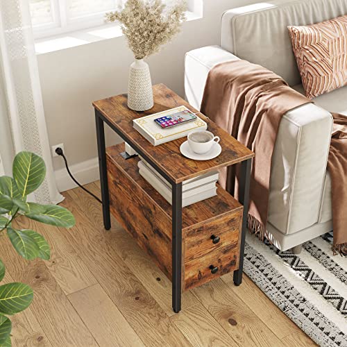 HYGRAD BUILT TO SURVIVE Industrial Look Wooden Narrow Side End Table Nightstand With Charging Station UK Plugs, USB Ports & Drawers HYGRAD BUILT TO SURVIVE