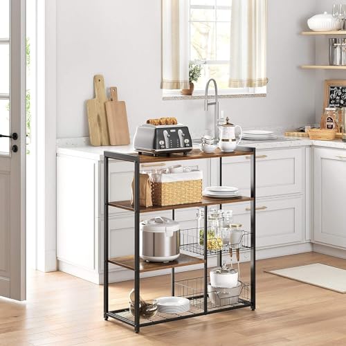 HYGRAD BUILT TO SURVIVE 4 Tier Wooden/Metal Industrial Look Rustic Kitchen Bakers Rack Microwave Shelf Organiser With Mesh Baskets HYGRAD BUILT TO SURVIVE
