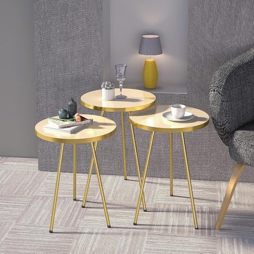 HYGRAD BUILT TO SURVIVE Set Of 3 Modern Chic Round Wood/Metal Nesting End Stacking Coffee Bedside Tables In 3 Colours (Beige) HYGRAD BUILT TO SURVIVE