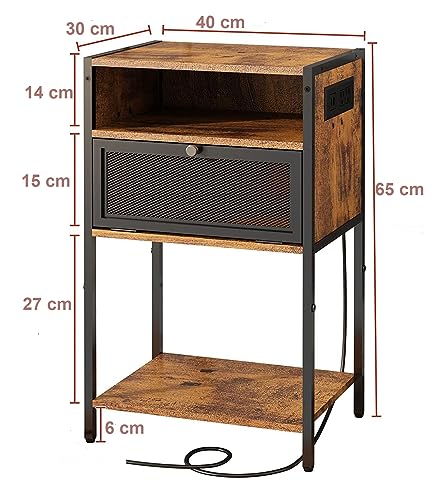 HYGRAD BUILT TO SURVIVE 3 Tier Industrial Look Wooden Nightstand Bedside Table With Drawer Storage & Charging Station UK Outlets USB Ports HYGRAD BUILT TO SURVIVE