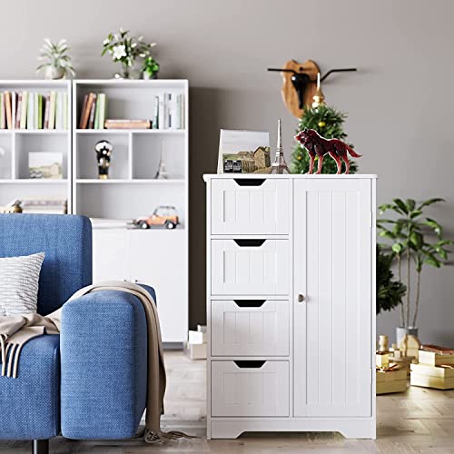 HYGRAD BUILT TO SURVIVE Bathroom Floor Cabinet Cupboard Free Standing Wooden Cabinet Storage Unit with 4 Drawers & 1 Door, Adjustable Shelf, White HYGRAD BUILT TO SURVIVE