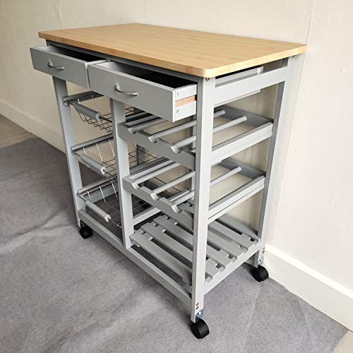 HYGRAD Kitchen Trolley MDF Top White Island Dining Cart Worktop Basket Storage Lockable Wheels Rolling Kitchen Portable Island Kitchen Trolley with Drawers and Open Shelf, Grey (Grey) HYGRAD BUILT TO SURVIVE