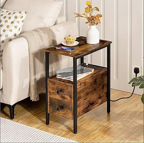 HYGRAD BUILT TO SURVIVE Industrial Look Wooden Narrow Side End Table Nightstand With Charging Station UK Plugs, USB Ports & Drawers HYGRAD BUILT TO SURVIVE