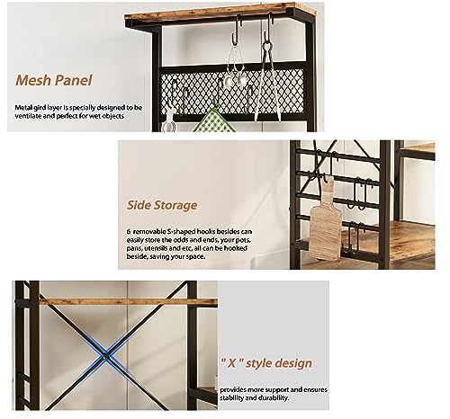 HYGRAD BUILT TO SURVIVE 4 Tier Industrial Look Wooden Multipurpose Kitchen Home Storage Rack Table Shelf With Hooks & Basket HYGRAD BUILT TO SURVIVE