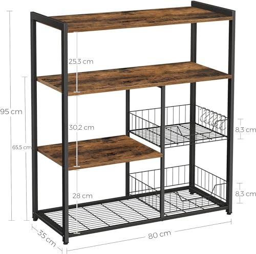 HYGRAD BUILT TO SURVIVE 4 Tier Wooden/Metal Industrial Look Rustic Kitchen Bakers Rack Microwave Shelf Organiser With Mesh Baskets HYGRAD BUILT TO SURVIVE