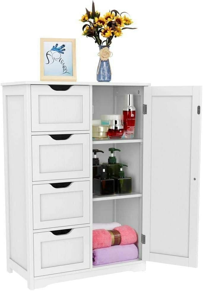 HYGRAD BUILT TO SURVIVE Bathroom Floor Cabinet Cupboard Free Standing Wooden Cabinet Storage Unit with 4 Drawers & 1 Door, Adjustable Shelf, White HYGRAD BUILT TO SURVIVE