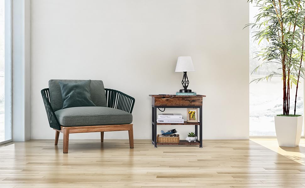 HYGRAD BUILT TO SURVIVE 3 Tier Industrial Look Wooden Metal Flip Top Rolling Wheels Portable End Side Table With UK Charging Station & USB Ports HYGRAD BUILT TO SURVIVE
