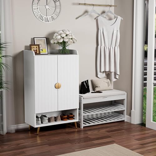 HYGRAD BUILT TO SURVIVE Modern Shoe Cabinet with 2 Doors, Open Shelf and Adjustable Shelves, Hallway Shoe Cupboard for 15 Pairs of Shoes, Entryway Storage Unit (White) HYGRAD BUILT TO SURVIVE