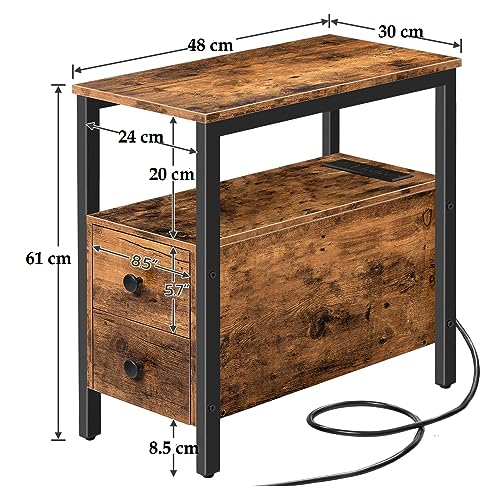 HYGRAD BUILT TO SURVIVE Industrial Look Wooden Narrow Side End Table Nightstand With Charging Station UK Plugs, USB Ports & Drawers HYGRAD BUILT TO SURVIVE