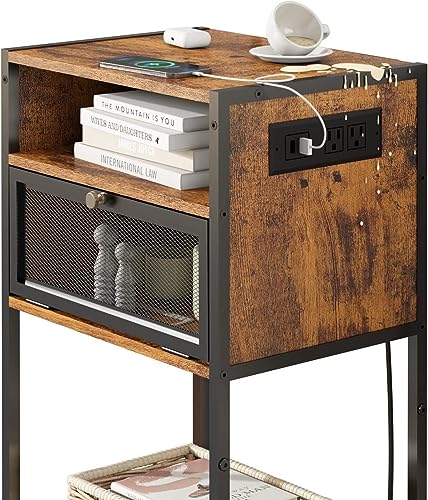 HYGRAD BUILT TO SURVIVE 3 Tier Industrial Look Wooden Nightstand Bedside Table With Drawer Storage & Charging Station UK Outlets USB Ports HYGRAD BUILT TO SURVIVE