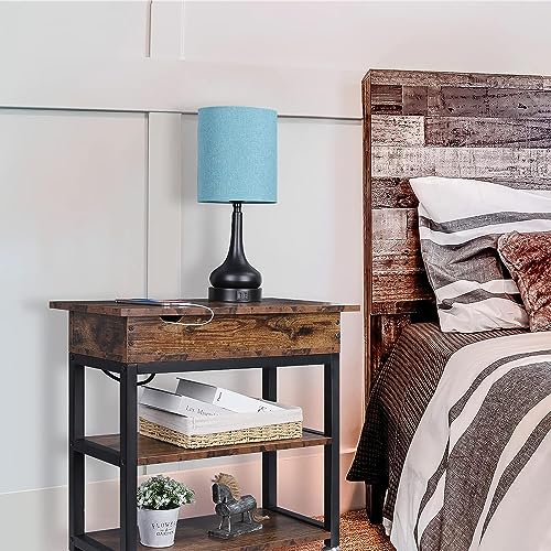 HYGRAD BUILT TO SURVIVE 3 Tier Industrial Look Wooden Metal Flip Top Rolling Wheels Portable End Side Table With UK Charging Station & USB Ports HYGRAD BUILT TO SURVIVE